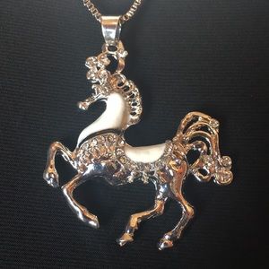 White Enamel Crystal Horse Pendant Necklace